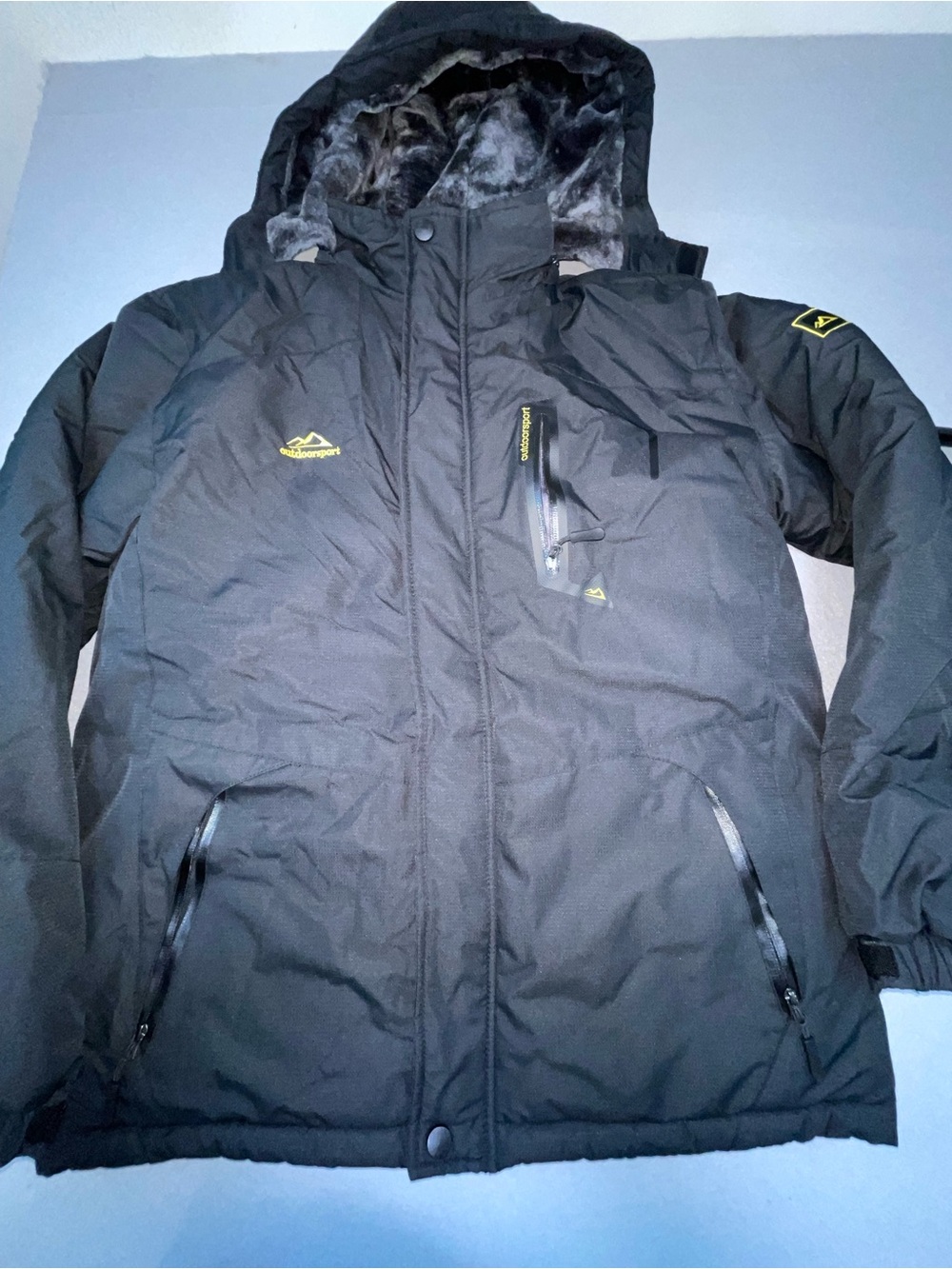 Outdoor Jacket Men's Black Hooded Full Zip Fleece Lined Water-Resistant SizM 186
